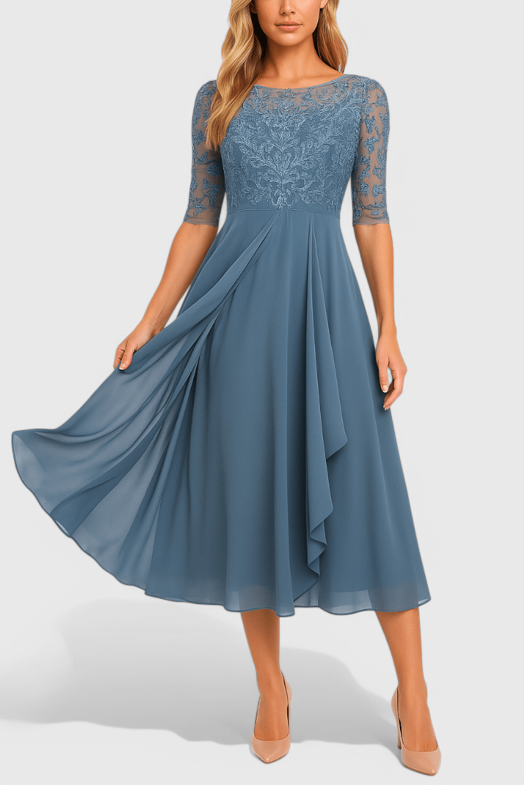 Abby | Embroidered Illusion Neckline Midi Dress - Lora Toronto
