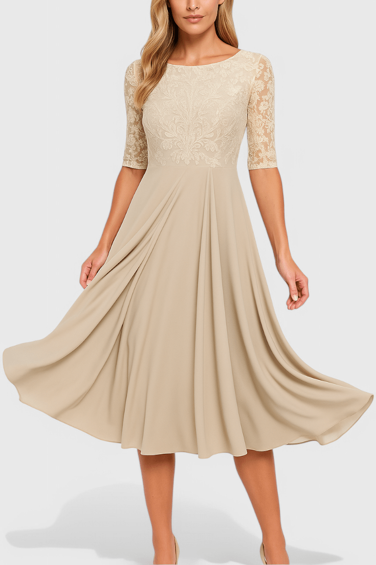 Abby | Embroidered Illusion Neckline Midi Dress - Lora Toronto