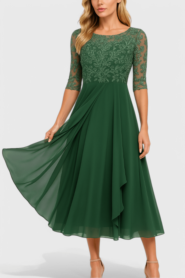 Abby | Embroidered Illusion Neckline Midi Dress - Lora Toronto