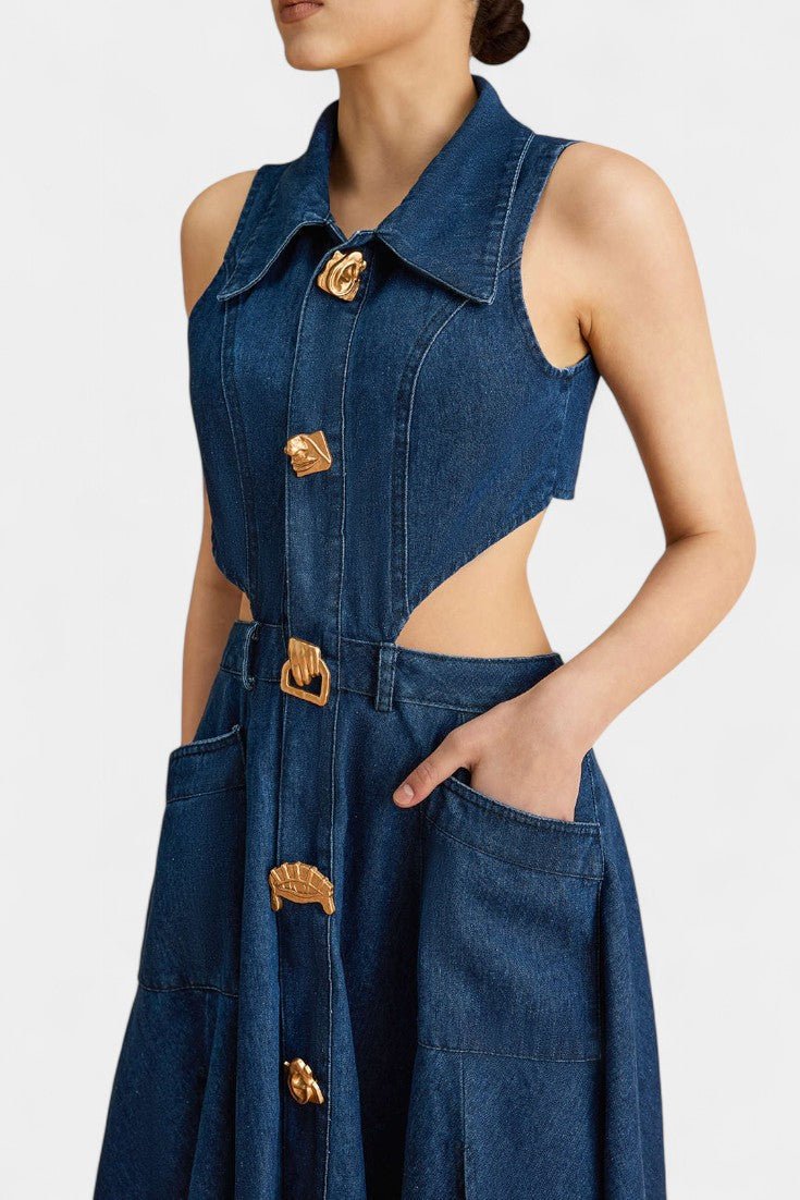 Alia | Cut - Out Sleeveless Lapel Denim Dress - Lora Toronto