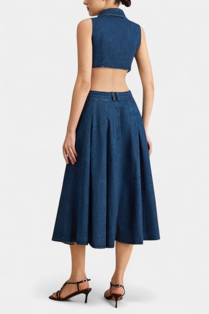 Alia | Cut - Out Sleeveless Lapel Denim Dress - Lora Toronto