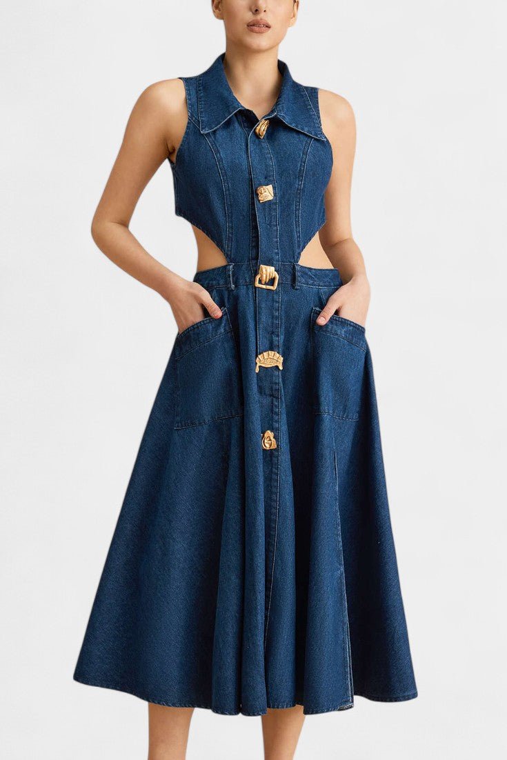 Alia | Cut - Out Sleeveless Lapel Denim Dress - Lora Toronto