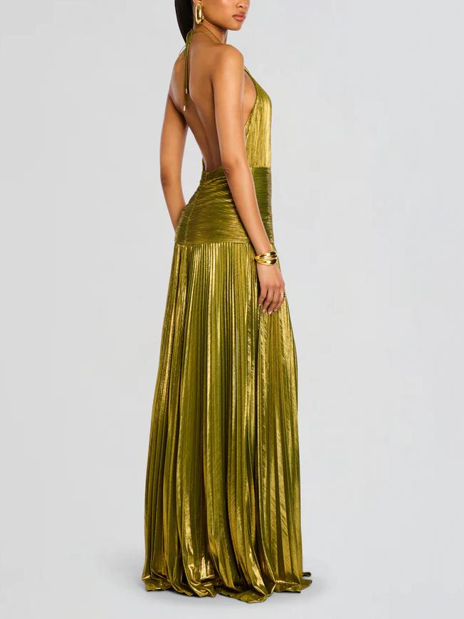Amara | Metallic Peridot Maxi Dress - Lora Toronto