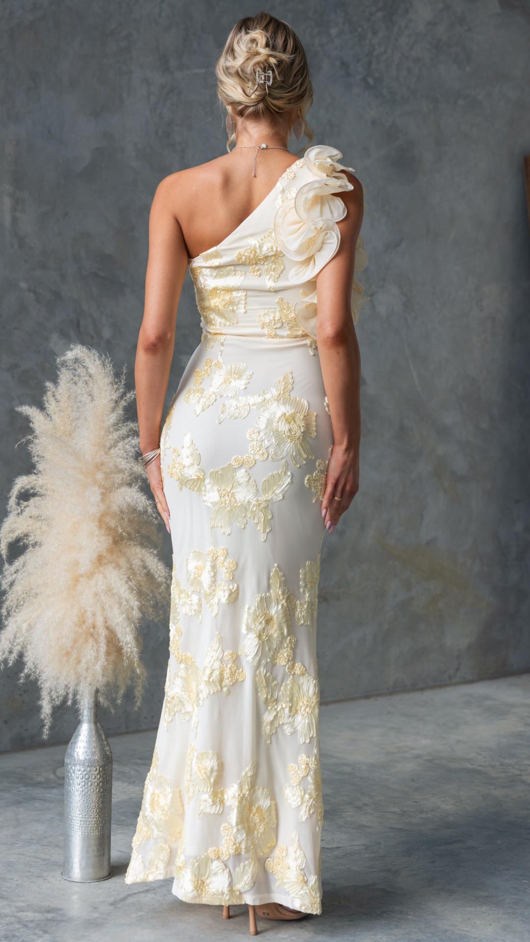 Celeste | One - Shoulder Embroidered Mesh Maxi Dress - Lora Toronto