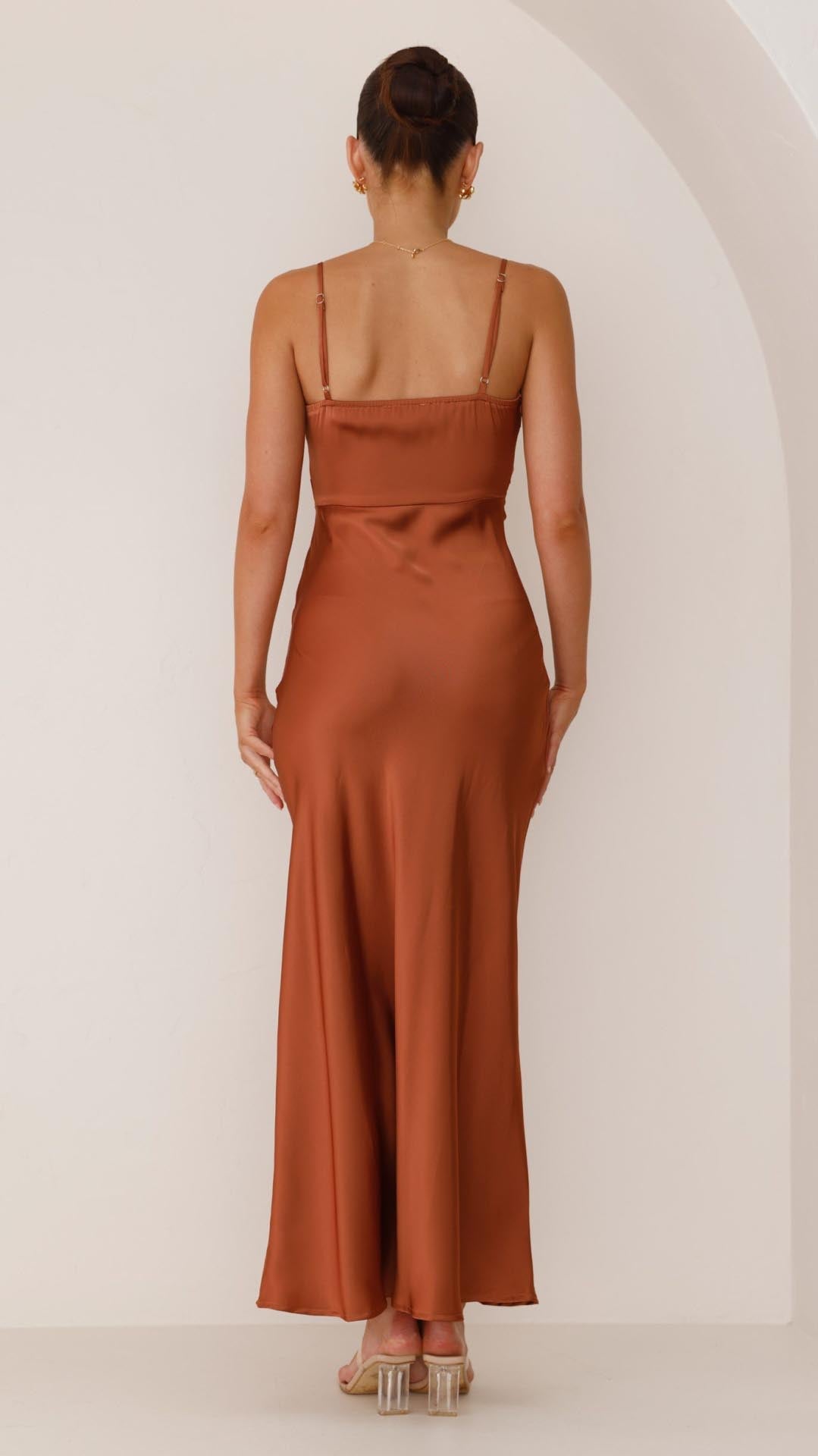 Elena | Pleated Waist Satin Maxi Dress - Lora Toronto