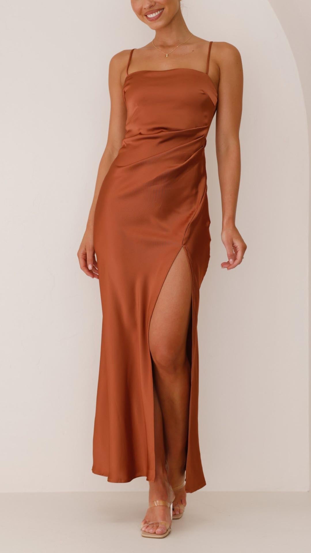 Elena | Pleated Waist Satin Maxi Dress - Lora Toronto