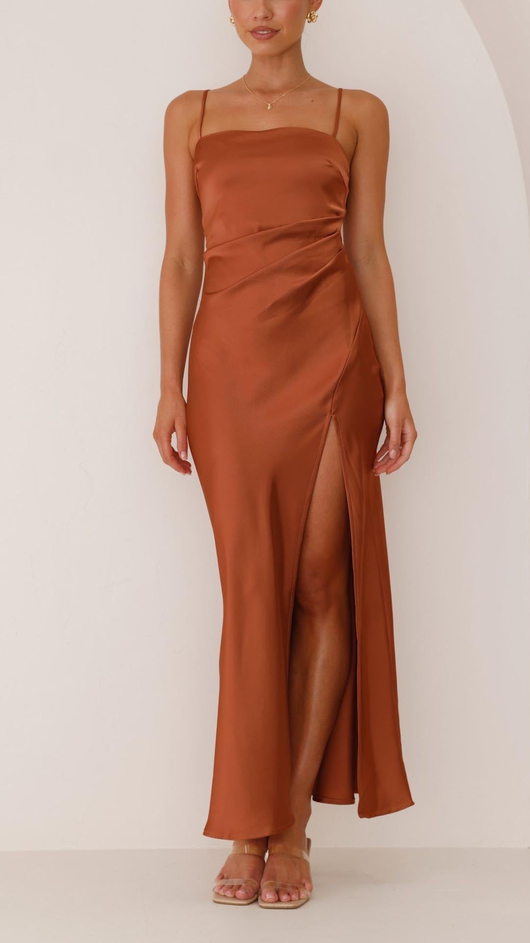 Elena | Pleated Waist Satin Maxi Dress - Lora Toronto