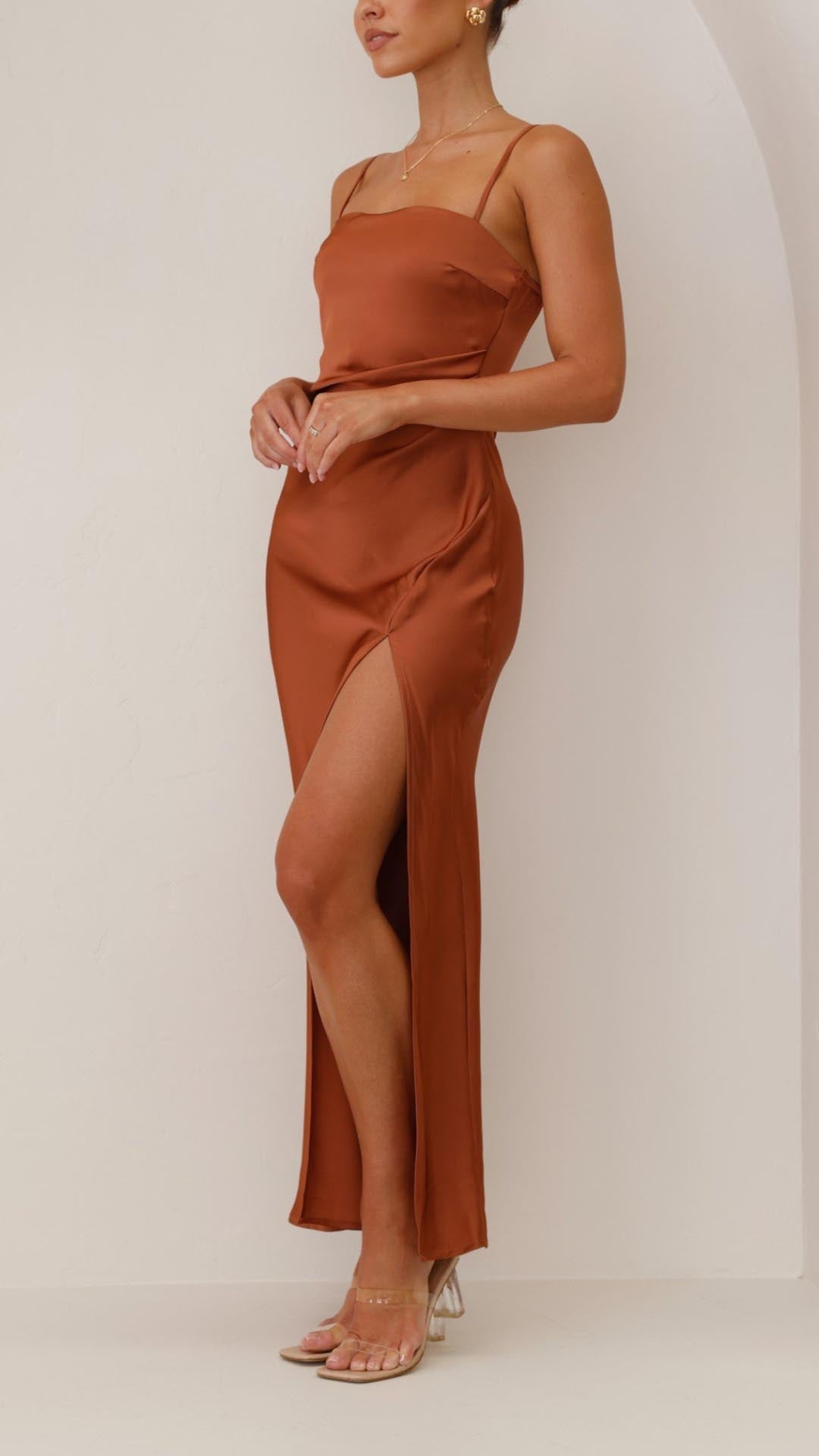 Elena | Pleated Waist Satin Maxi Dress - Lora Toronto