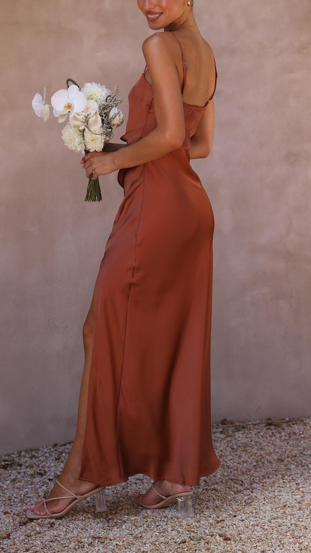 Elena | Pleated Waist Satin Maxi Dress - Lora Toronto