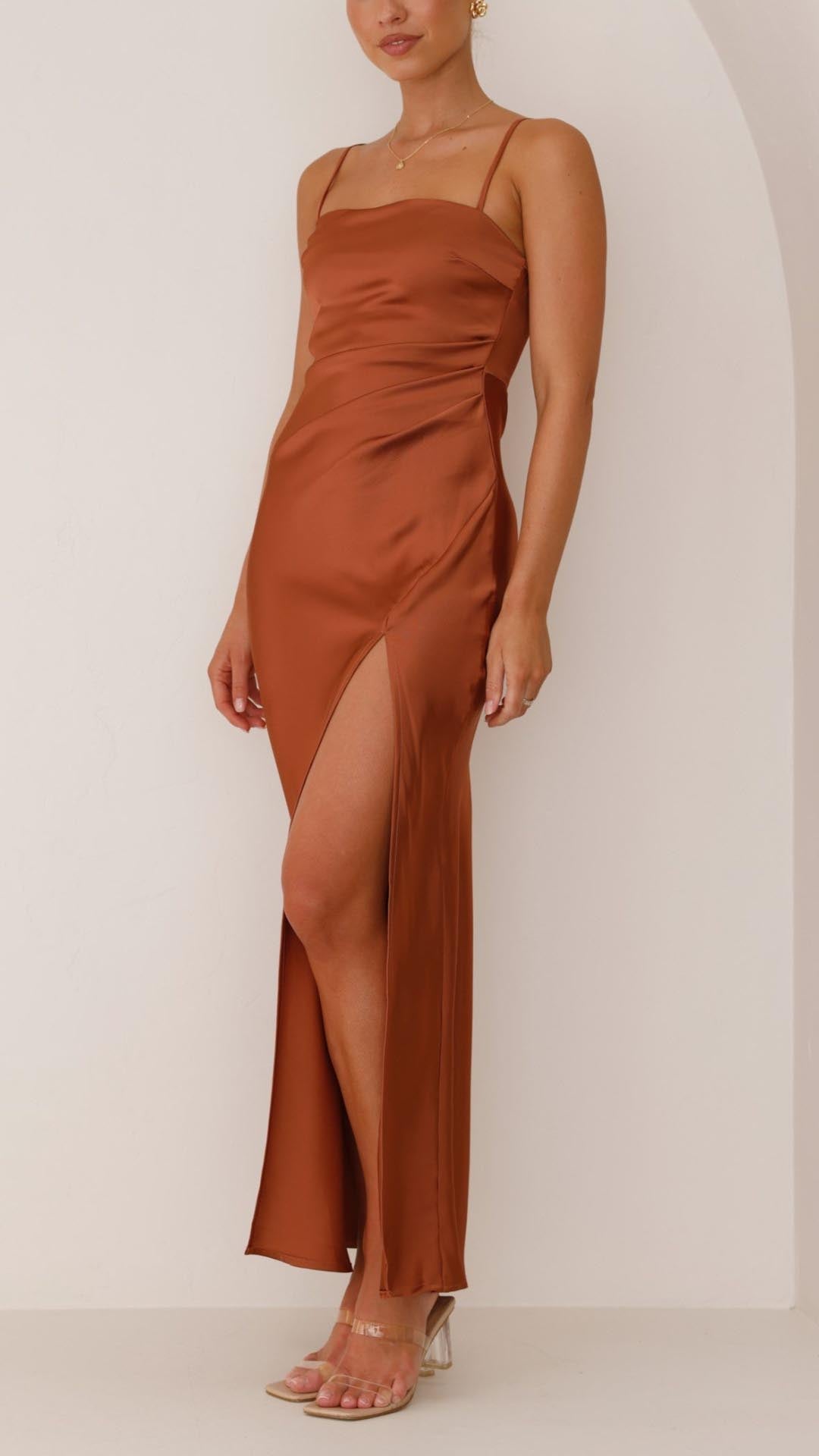 Elena | Pleated Waist Satin Maxi Dress - Lora Toronto