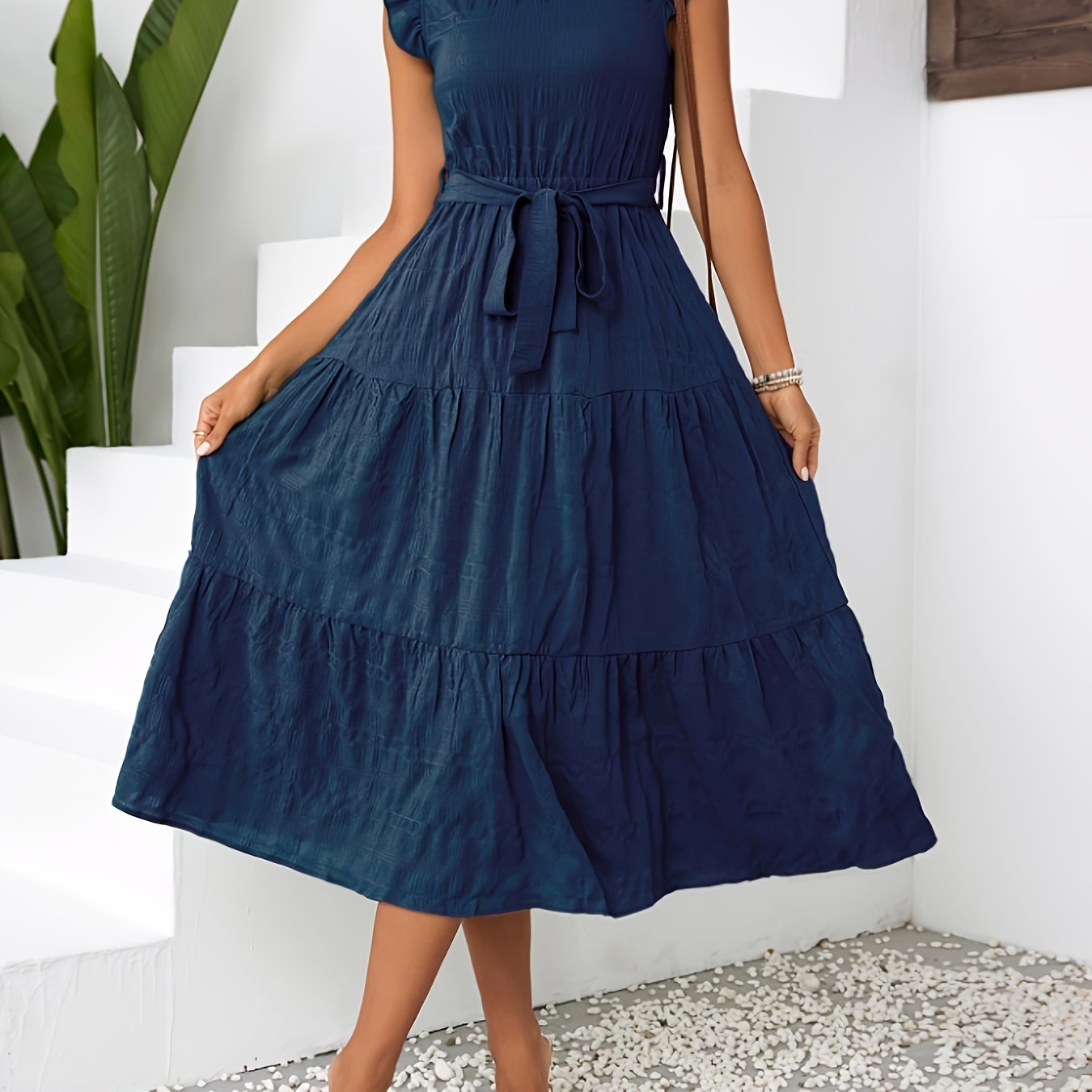Lily | Belted Ruffle Mock Neck Dress - Lora Toronto