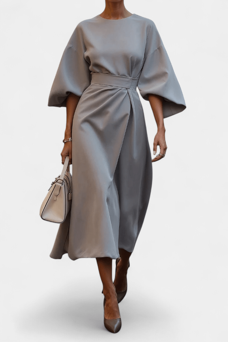 Micaela | Belted Lantern Sleeve Midi Dress - Lora Toronto