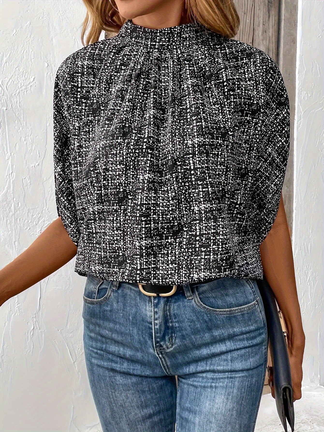 Olivia | Allover Print Mock Neck Blouse - Lora Toronto