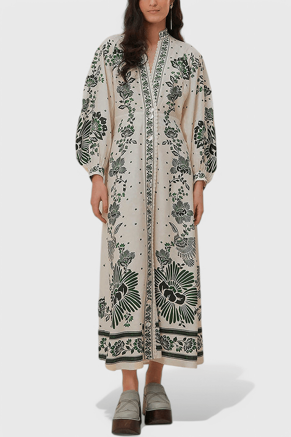 Unique | Print Button Down Long Sleeve Shirt Maxi Dress - Lora Toronto