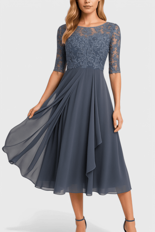 Abby | Embroidered Illusion Neckline Midi Dress - Lora Toronto