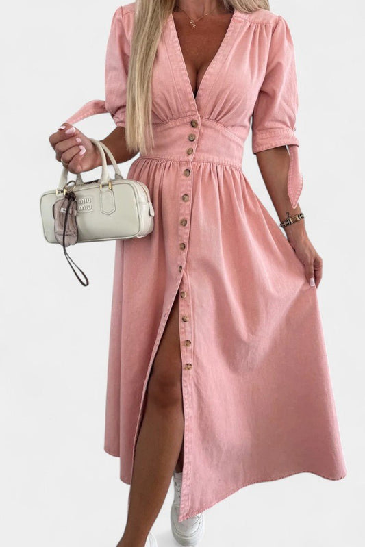 Adelina | V - Neck Button Midi Dress - Lora Toronto