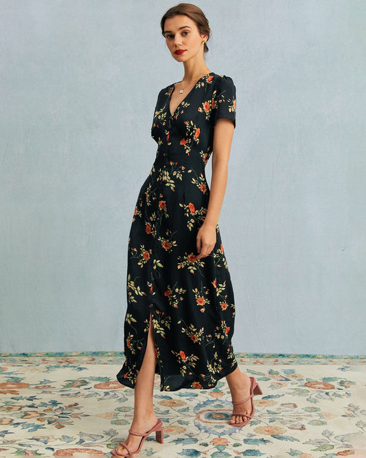 Alexia | V Neck Floral Short Sleeve Maxi Dress - Lora Toronto