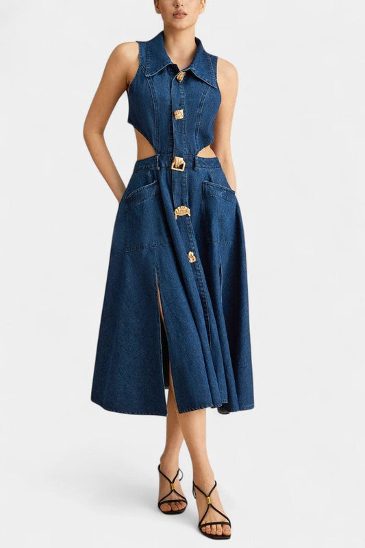 Alia | Cut - Out Sleeveless Lapel Denim Dress - Lora Toronto