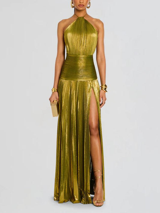 Amara | Metallic Peridot Maxi Dress - Lora Toronto