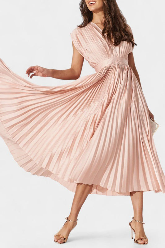 Audrey Pleated V - Neck Midi Dress - Lora Toronto