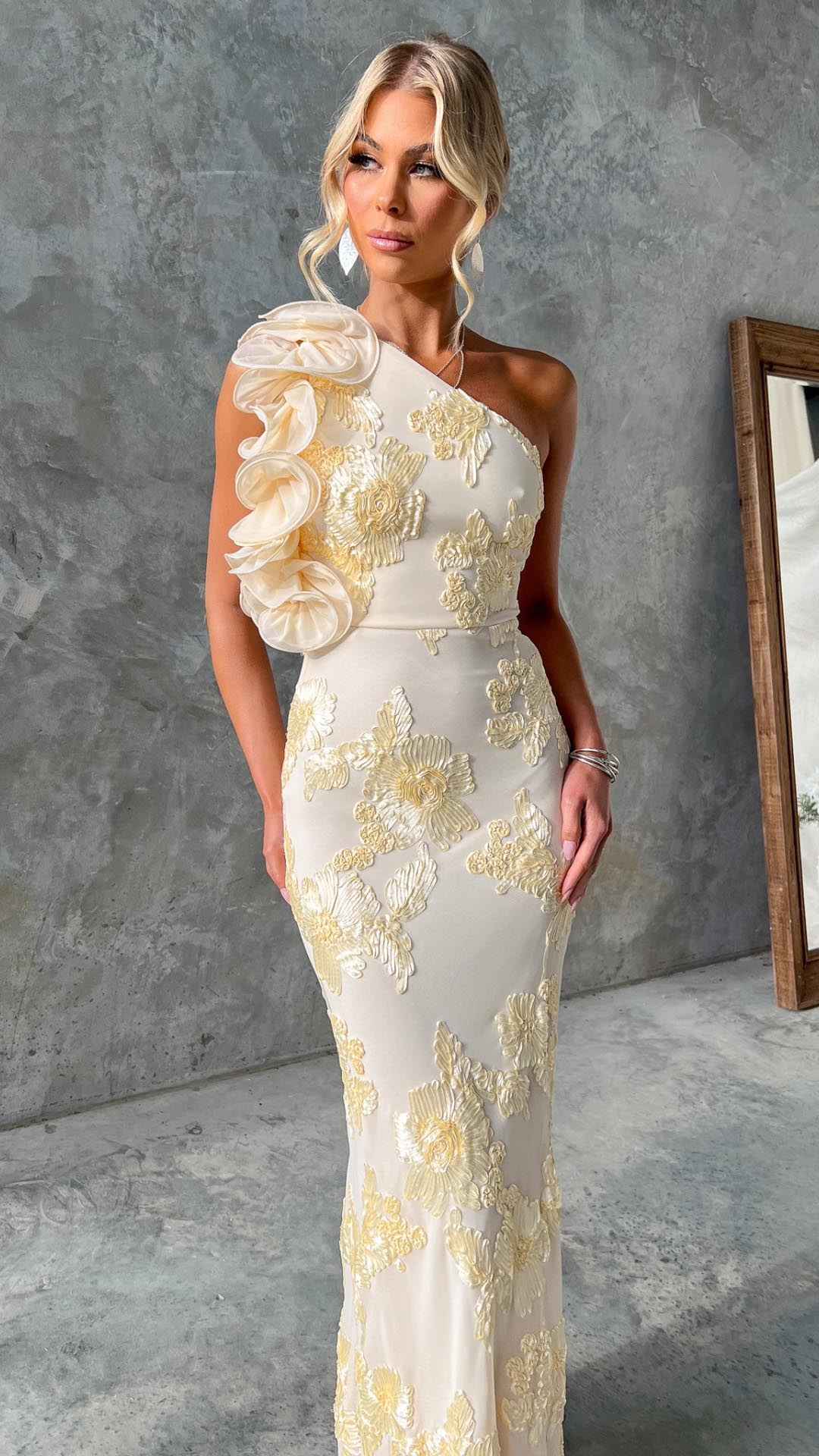 Celeste | One - Shoulder Embroidered Mesh Maxi Dress - Lora Toronto