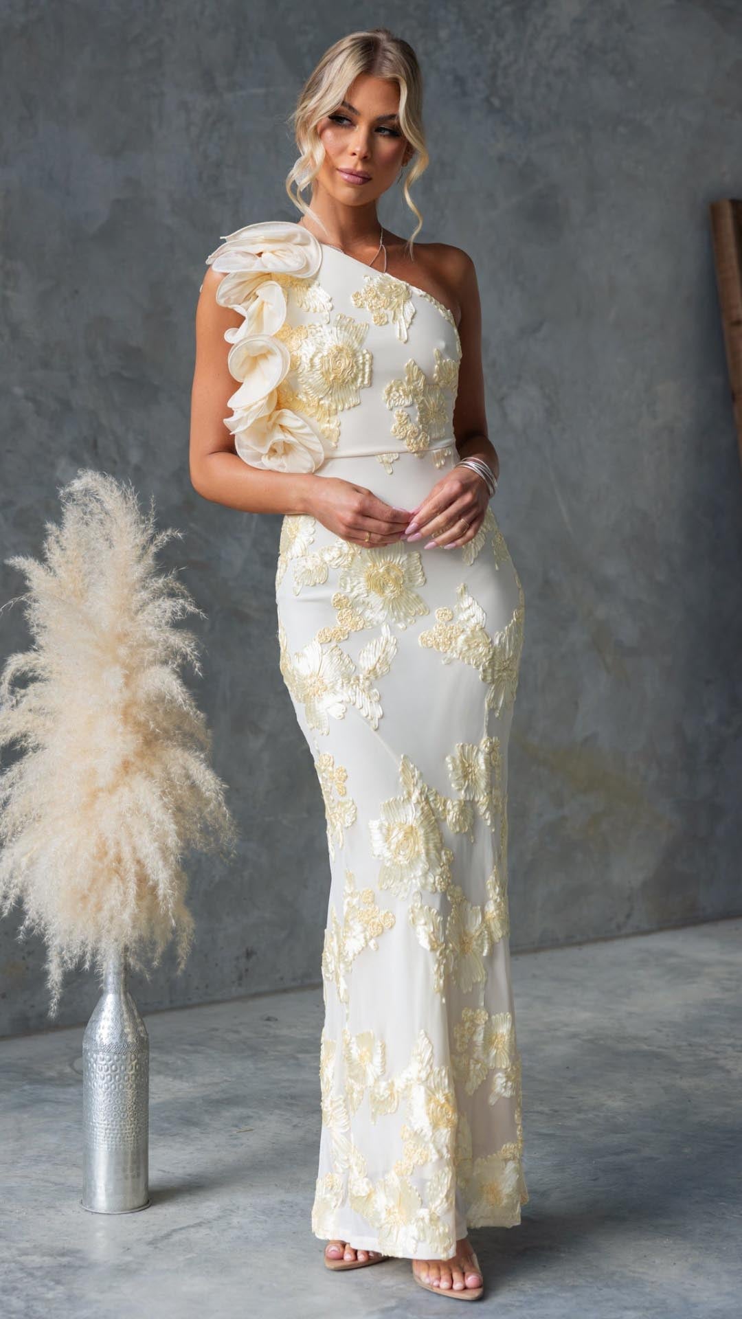 Celeste | One - Shoulder Embroidered Mesh Maxi Dress - Lora Toronto