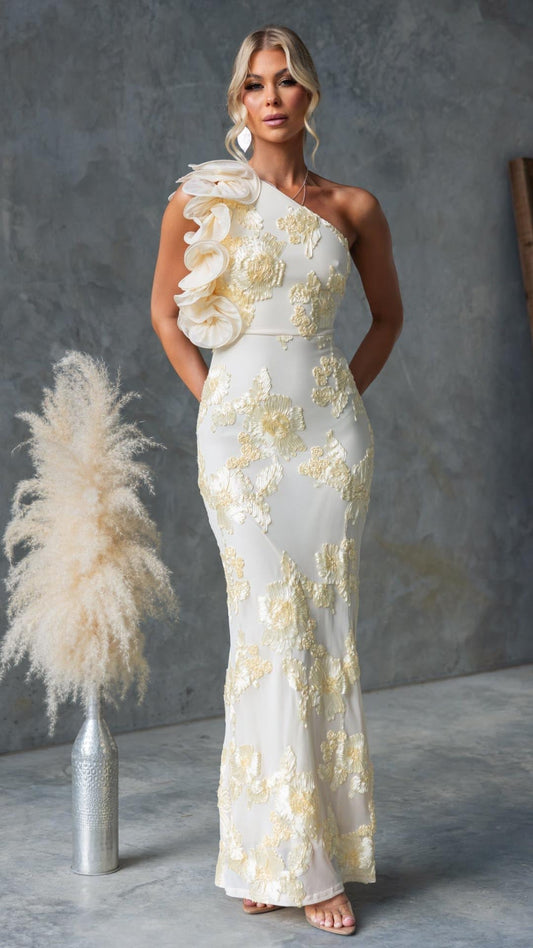 Celeste | One - Shoulder Embroidered Mesh Maxi Dress - Lora Toronto