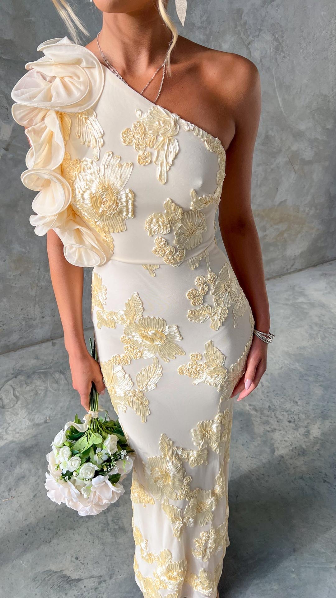 Celeste | One - Shoulder Embroidered Mesh Maxi Dress - Lora Toronto