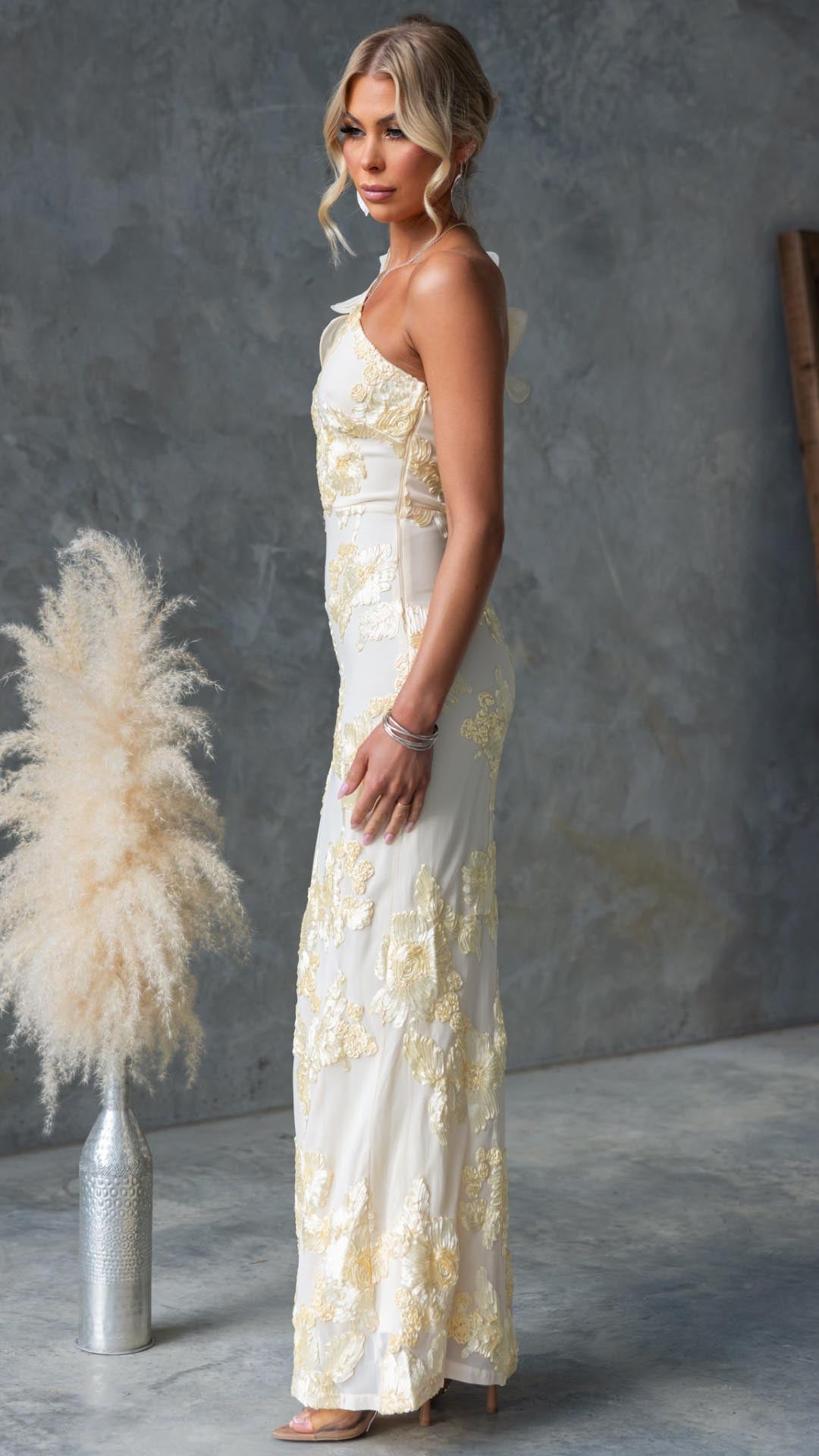 Celeste | One - Shoulder Embroidered Mesh Maxi Dress - Lora Toronto