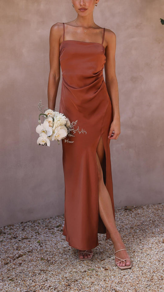 Elena | Pleated Waist Satin Maxi Dress - Lora Toronto