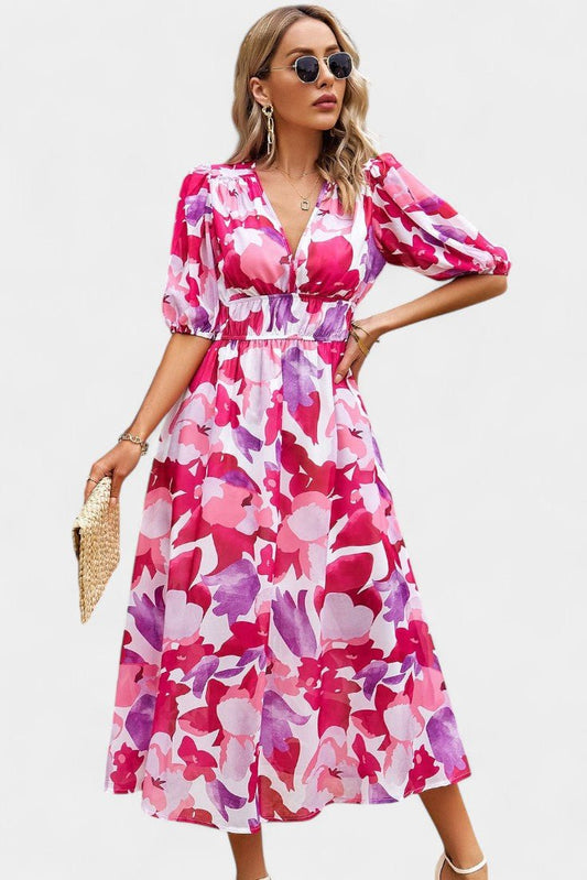 Georgina | V - Neck Floral Midi Dress - Lora Toronto