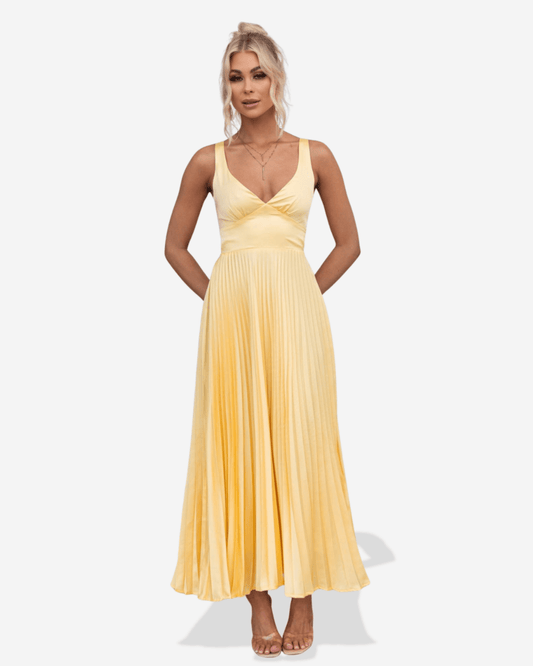 Lucy | Pleated V - Neck Maxi Dress - Lora Toronto
