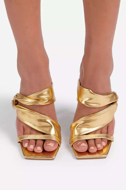 Metallic Ruched Square - toe High Heels Sandals - Lora Toronto