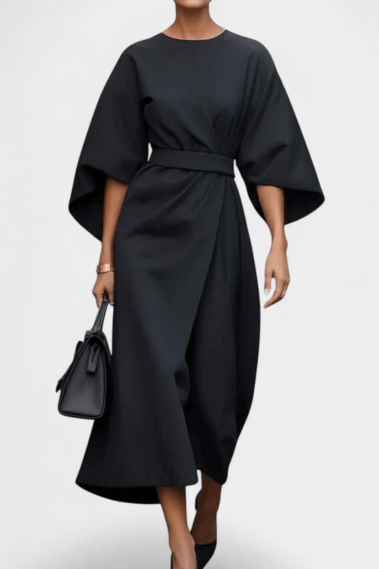 Micaela | Belted Lantern Sleeve Midi Dress - Lora Toronto