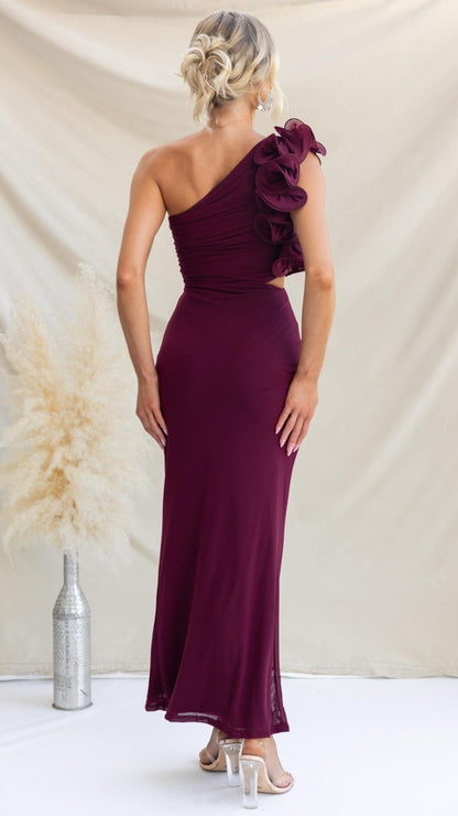 Serina | One - Shoulder Ruffle Mesh Maxi Dress - Lora Toronto