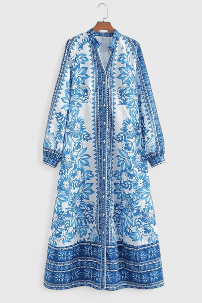 Unique | Print Button Down Long Sleeve Shirt Maxi Dress - Lora Toronto