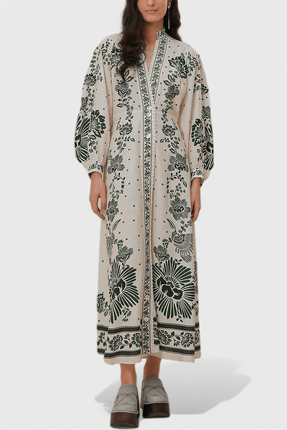 Unique | Print Button Down Long Sleeve Shirt Maxi Dress - Lora Toronto