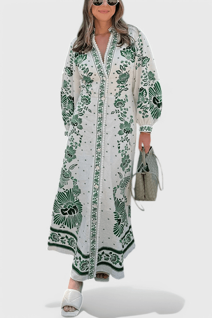 Unique | Print Button Down Long Sleeve Shirt Maxi Dress - Lora Toronto