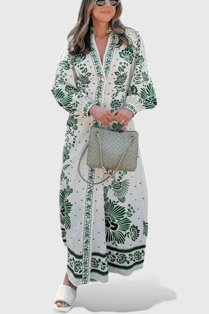 Unique | Print Button Down Long Sleeve Shirt Maxi Dress - Lora Toronto